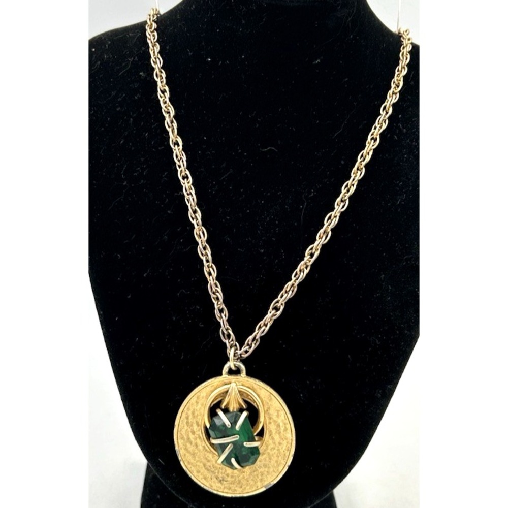 VTG BSK Green Nugget Medallion Pendant Necklace  Textured Gold Tone 23" Signed